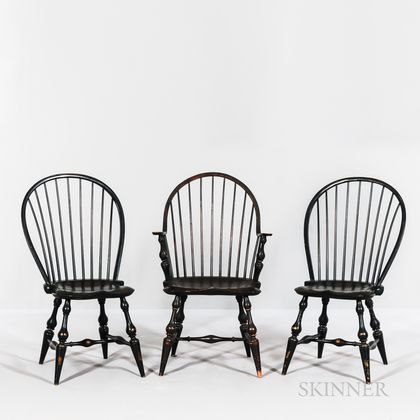 Three D.R. Dimes Black-painted Windsor Chairs