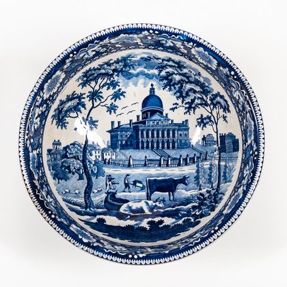 Staffordshire Transfer Decorated Historical Blue "Boston State House" Basin