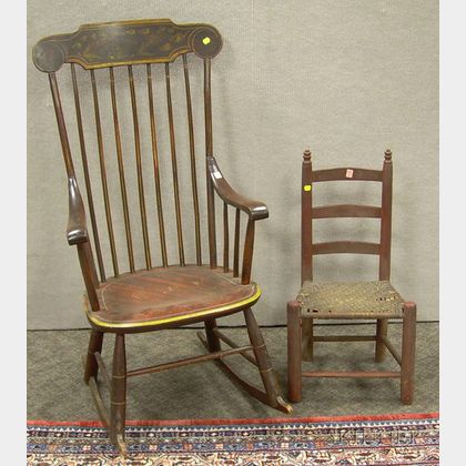 Grained and Paint Decorated Armrocker and a Red-painted Childs Ladder-back Side Chair with Woven Splint Seat.... 