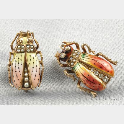 Two Art Nouveau 14kt Gold, Enamel, Seed Pearl, and Diamond Insect Brooches