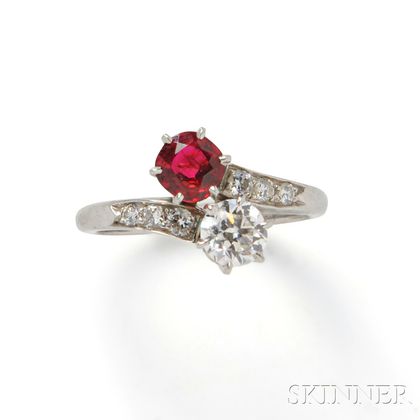 Platinum, Red Spinel, and Diamond Bypass Ring