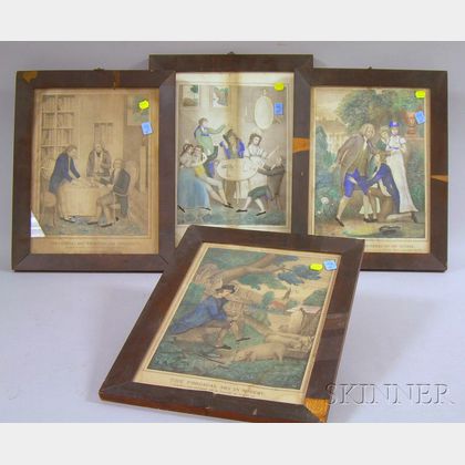 Set of Four Mahogany Veneer Framed Hand-colored Lithograph Prodigal Son Prints
