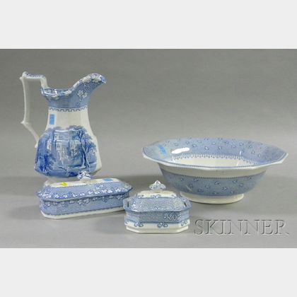 Four Blue and White Ironstone Toilet Items