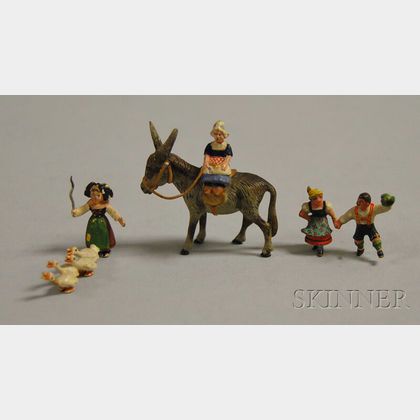 Austrian Miniature Cold-painted Bronze Becassine-type Maiden Riding a Mule, a Dancing Peasant Couple Figural Group, and a Peasant ... 