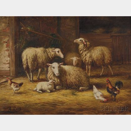 August Laux (German, 1847-1921) Sheep, Chickens, and Rooster in a Manger