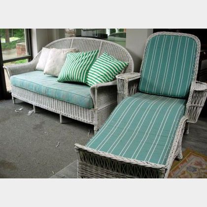 White Painted Wicker Settee and Chaise. 