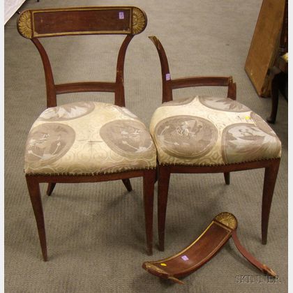 Pair of Italian Neoclassical Upholstered Partial-gilt Carved Wood Side Chairs