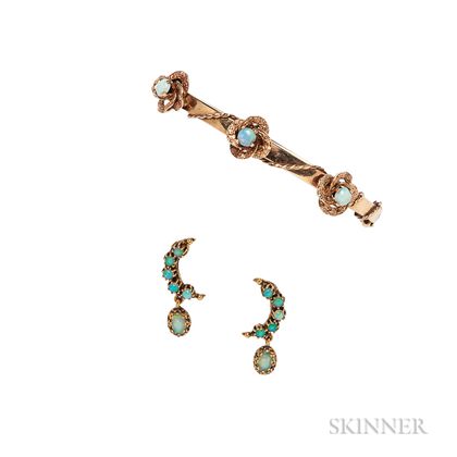 14kt Gold and Opal Earclips and Bracelet