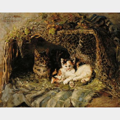 Clemence Nielssen (German, 1850-1911) Un Coin de Bonheur /A Portrait of a Mother Tabby Cat and Calico Kittens