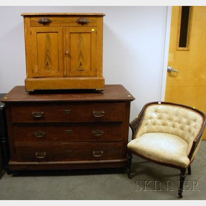 Late Victorian Upholstered Carved Maple Parlor Armchair, a Victorian Painted Pine Cottage Commode, and a Mahogany Dresser. 