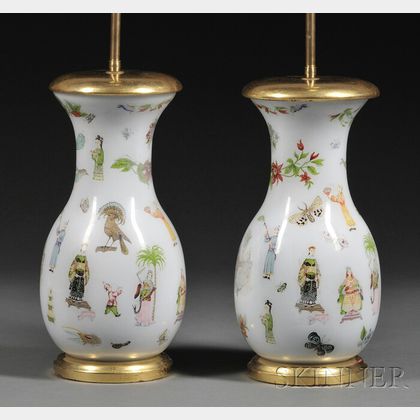 Pair of Decoupage on Glass Vases Mounted as Lamps