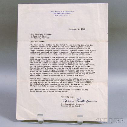 Roosevelt, Eleanor (1884-1962) Typed Letter Signed, 14 December 1960.