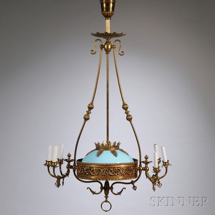 Victorian Brass Six-light Gas Chandelier with Blue Opaline Glass Dome Shade