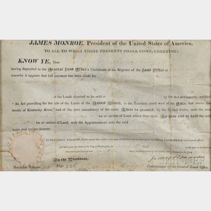Monroe, James (1758-1831) Land Deed, Signed, 14 July 1819.
