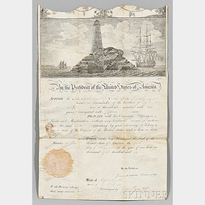 Jefferson, Thomas (1743-1826) and James Madison (1751-1836) Signed Ship's Passport, 10 November 1802.