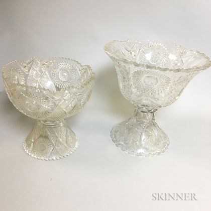 Two Colorless Cut Glass Punch Bowls on Stands