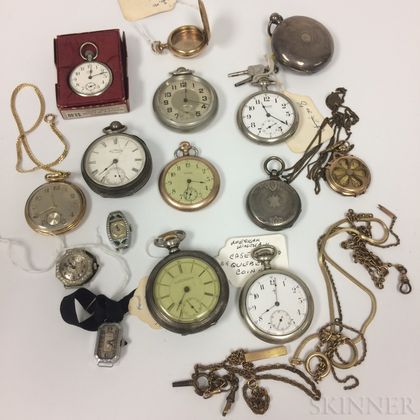 Group of Pocket Watches, Watch Fobs, Watch Cases, and Two Lady's Watch Faces