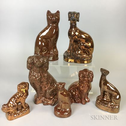Seven Copper Lustre Dogs and Cats