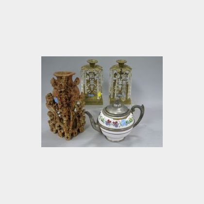 Pewter Mounted Tin Glazed Tea Pot, Asian Soapstone Carving and a Pair of Gilt Brass Lustres. 