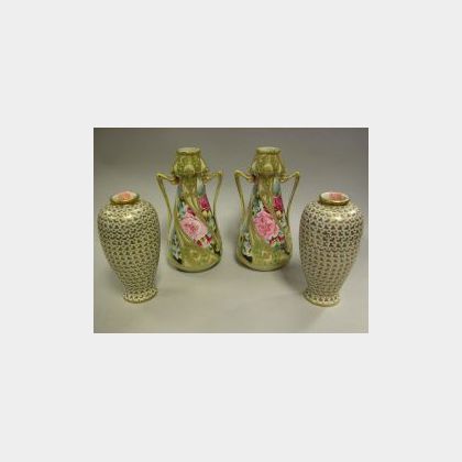 Pair of Nippon Handpainted Gilt and Floral Decorated Porcelain Vases and a Pair of Japanese Porcelain Vases. 