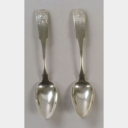 Two Basket of Flowers Pattern Coin Silver Serving Spoons