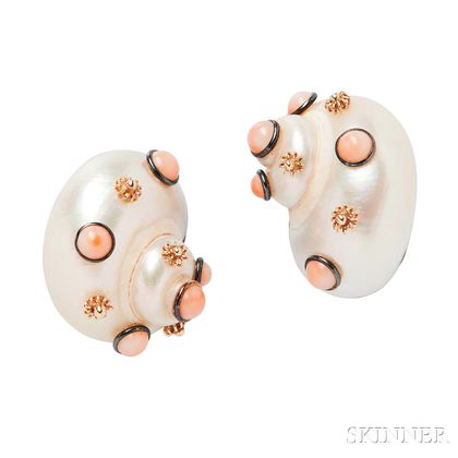 14kt Gold, Turbo Shell, and Coral Earclips, MAZ