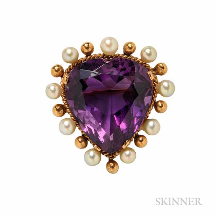 14kt Gold, Amethyst, and Cultured Pearl Heart Pendant/Brooch