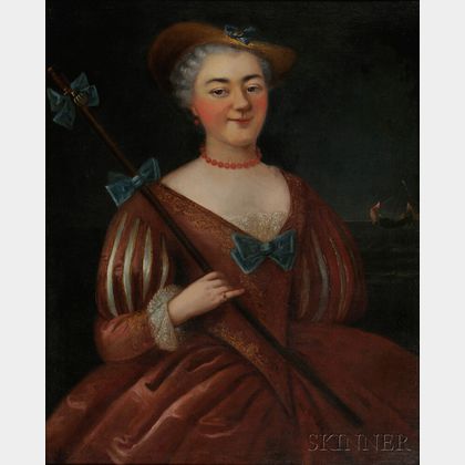 Continental School, 18th Century Style Portrait of a Woman with a Beribboned Walking Stick