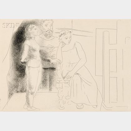 Pablo Picasso (Spanish, 1881-1973) Peintre entre deux modèles regardant une toile