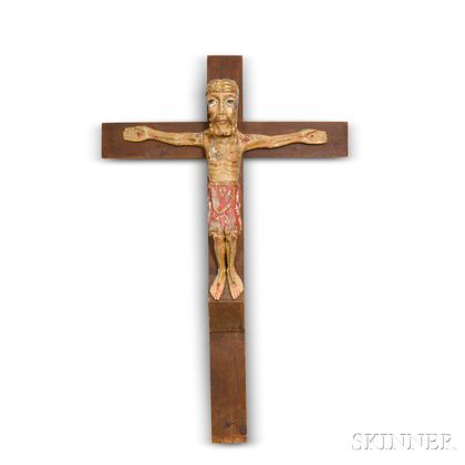 Large Spanish Carved and Painted Wood Crucifix