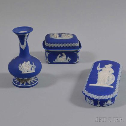 Wedgwood Blue Jasper Vase and Two Covered Boxes