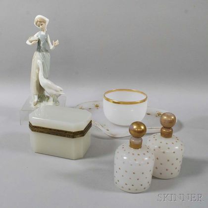 Five-piece Opaline Glass Dresser Set and a Lladro Ceramic Figure with a Swan