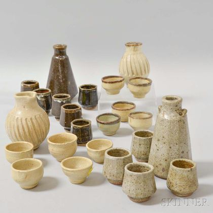 Four Sets of Glazed Stoneware Sake Tokkuri and Cups
