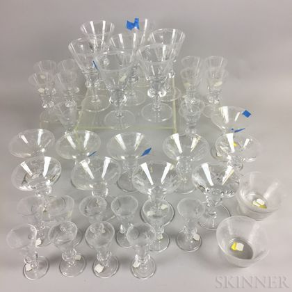 Forty-four Pieces of Etched Colorless Glass Stemware