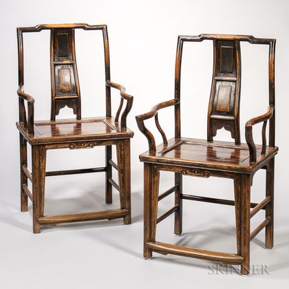 Pair of Yoke-back Elmwood "Official's Hat" Armchairs