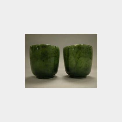 Pair of Chinese Spinach Green Jade Cups. 