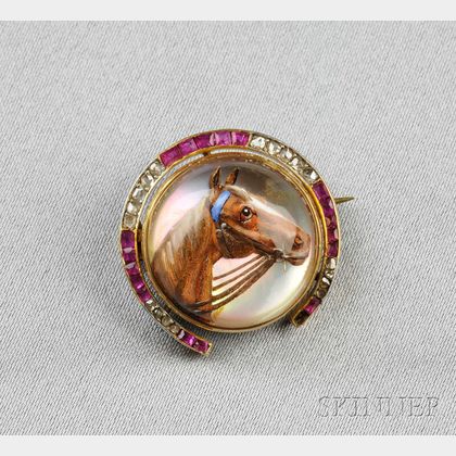 Edwardian 18kt Gold and Reverse-painted Horse Crystal Brooch