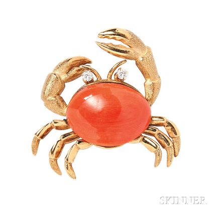 18kt Gold, Coral, and Diamond Crab Brooch