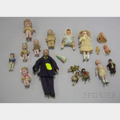 Sixteen Assorted Miniature Bisque and Composition Dolls and Figures. 