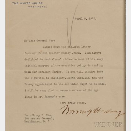 Harding, Warren (1865-1923) Typed Letter, Signed, 9 April 1923.