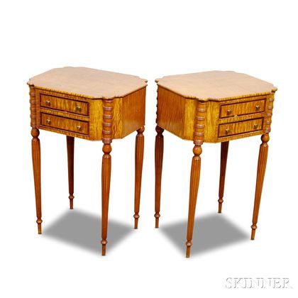 Pair of Federal-style Tiger Maple Two-drawer Sewing Stands