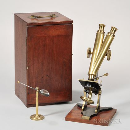 Henry Crouch Lacquered Brass Binocular Microscope and Compendium