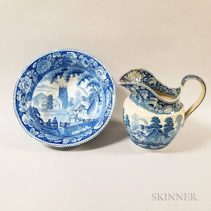 Blue and White Transfer-decorated Ceramic Pitcher and Bowl