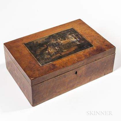 Paint-decorated Figured Maple Veneer Sewing Box with Interior Painting by J.H. Hayward