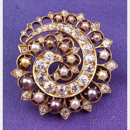 Antique 14kt Gold, Diamond and Pearl Pendant Brooch