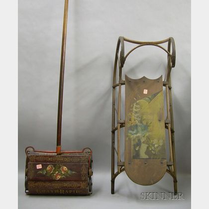 Victorian Polychrome Painted Floral Decorated Iron-mounted Wooden Sled and a Bissell Painted Floral and Stencil... 