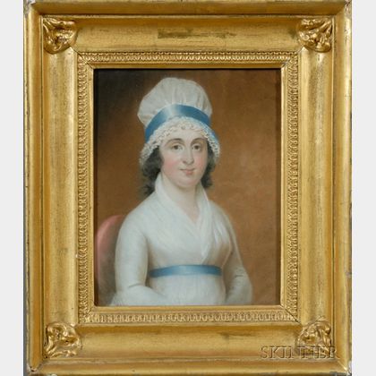 Irish School, 19th Century Portrait of a Woman in White Dress and Bonnet with a Blue Sash.