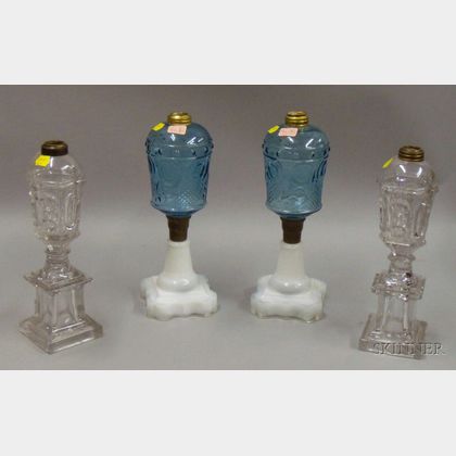 Two Pairs of Sandwich Glass and Sandwich-type Molded Fluid Table Lamps. 
