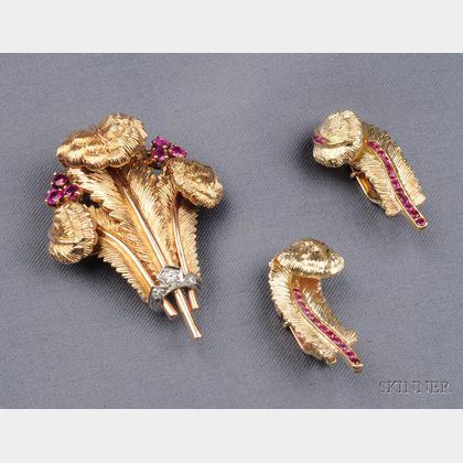 14kt Gold, Diamond, and Ruby Brooch and Earclips, Tiffany & Co.