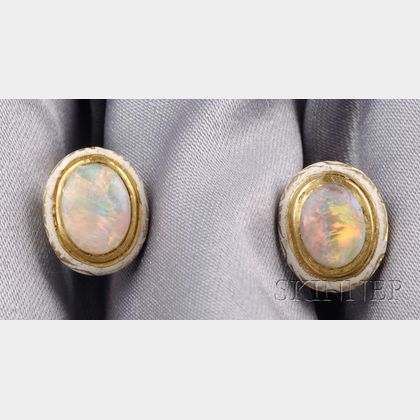 Antique 18kt Gold, Opal, and Enamel Earrings